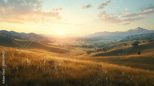 Golden hour sunset over rolling hills and valleys.