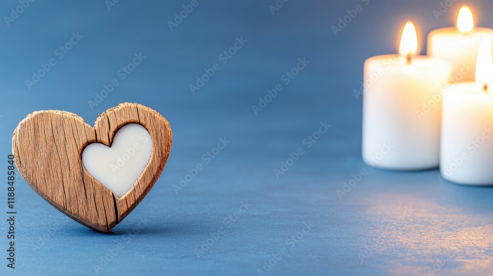 Fototapeta premium Rustic heart candle holder with glowing candles in background