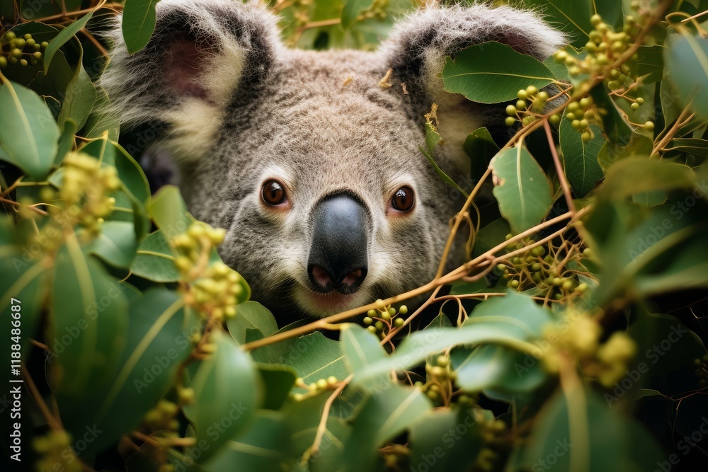 Obraz premium Koala peeking through eucalyptus leaves, showing its curiosity in natural australian habitat