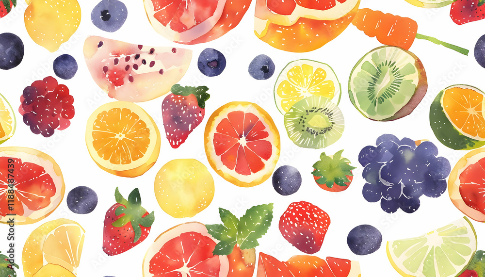 Watercolor Illustration Fruit Pattern Background Strawberry Kiwi Lemon Grapefruit Orange Watercolor Illustration Fruit Pattern Background Strawberry Kiwi Lemon Grapefruit Orange