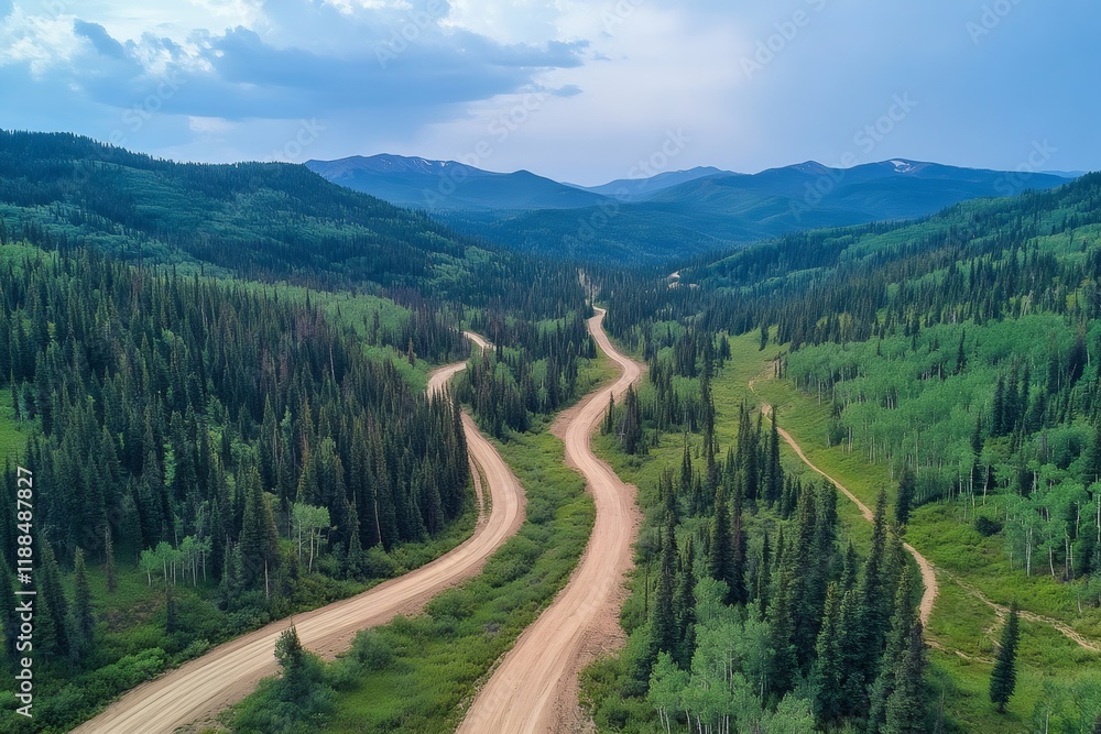 Obraz premium Winding dirt road through lush green forest and mountains