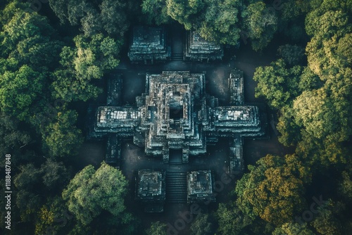 Koh ker temple emerging from lush green jungle in cambodia, angkor era architecture photo