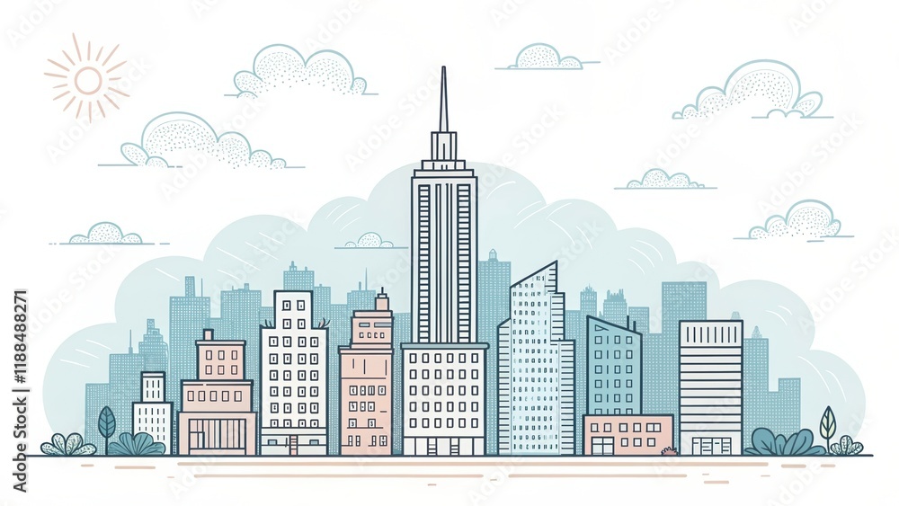cute office building with city scape, doodle art illustration background cute office building with city scape, doodle art illustration background
