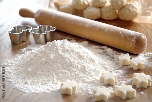 Baker preparing christmas cookies with rolling pin and cookie cutters photo