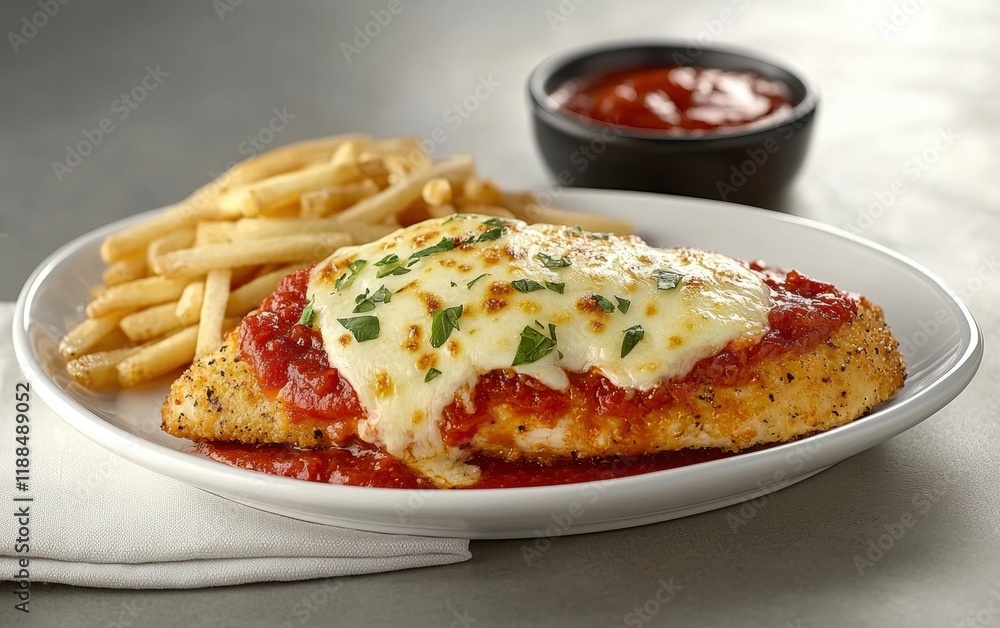 A tender chicken parmesan with melted mozzarella and marinara sauce served on a white oval plate A tender chicken parmesan with melted mozzarella and marinara sauce served on a white oval plate