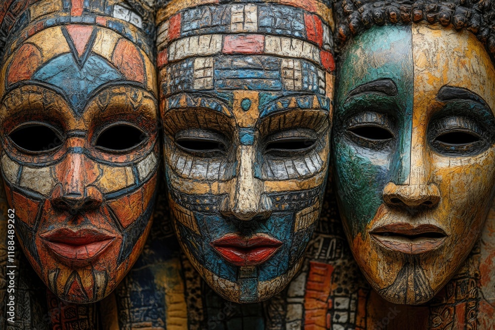 Three colorful african tribal masks showing traditional patterns and ritualistic designs Three colorful african tribal masks showing traditional patterns and ritualistic designs