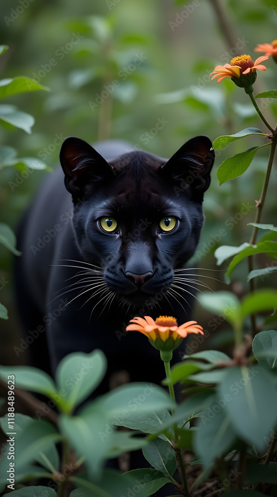 Black panther camouflaged among forest flowers. Wild feline stalking in the jungle. Concept of nature and wildlife preservation. Exotic predator. Close-up perspective.