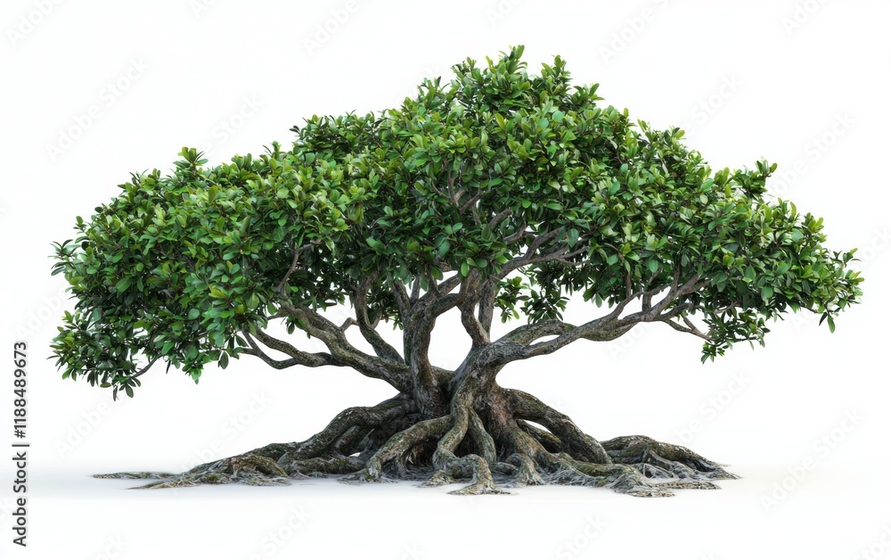 A tropical kapok tree with its giant buttress roots and small green leaves on a clean white backdrop A tropical kapok tree with its giant buttress roots and small green leaves on a clean white backdrop