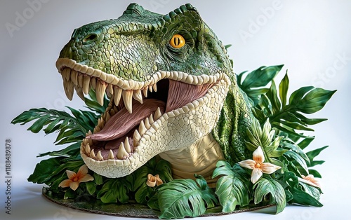 A dinosaur 3D cake featuring a roaring T-rex head with edible scales and jungle leaves on a white background photo