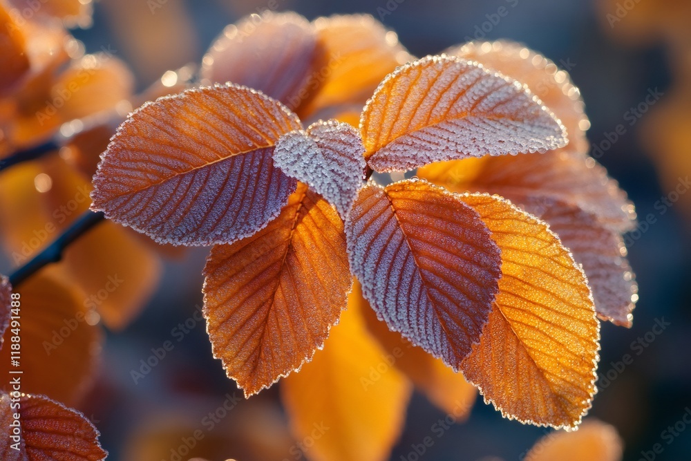 Hoarfrost covering orange autumn leaves on branch in winter Hoarfrost covering orange autumn leaves on branch in winter