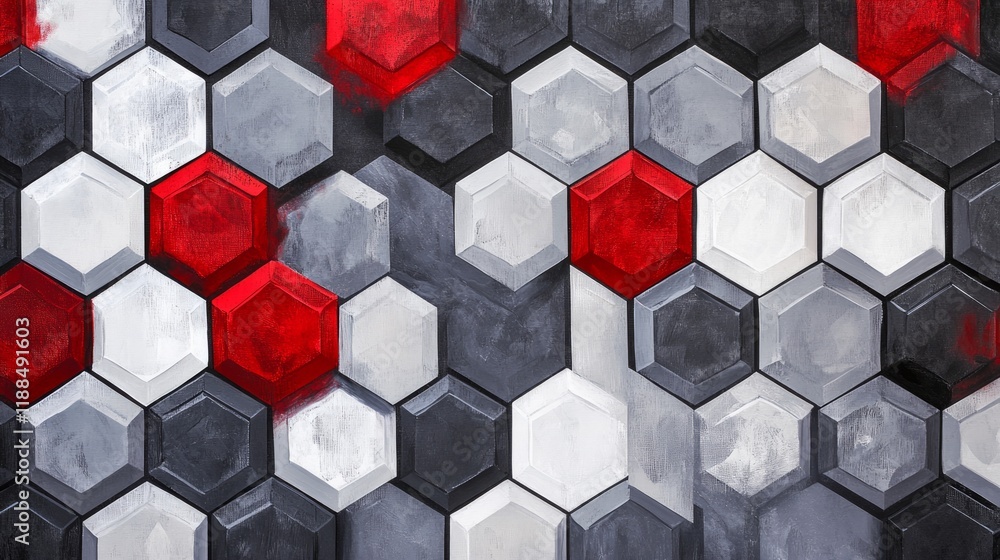 The hexagonal pattern in shades of grey, black, and red The hexagonal pattern in shades of grey, black, and red