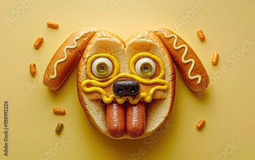 A hot dog crafted as a dog face, with mustard details and olive eyes on a pastel yellow background photo