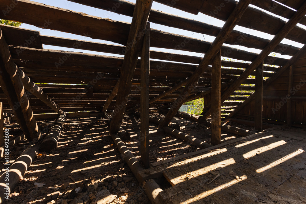 Abstract grunge wooden attic interior, perspective view Abstract grunge wooden attic interior, perspective view