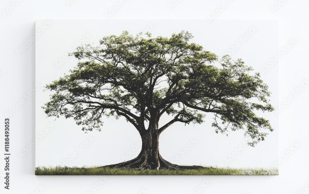 Obraz premium A kapok tree with its massive trunk and small, sparse leaves centered on a clean white canvas