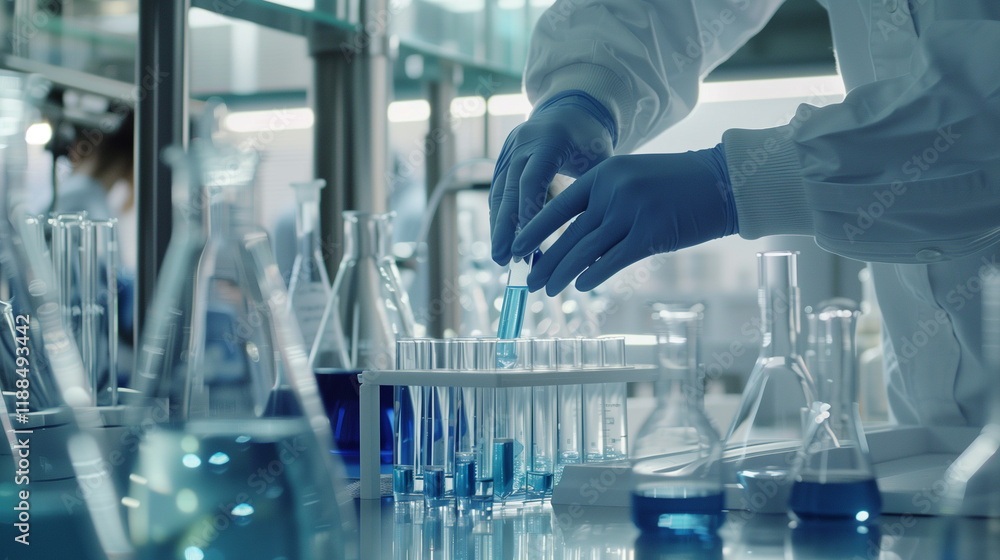 Focused researcher in a lab coat performing analysis, surrounded by glassware and scientific equipment in a high-tech laboratory Focused researcher in a lab coat performing analysis, surrounded by glassware and scientific equipment in a high-tech laboratory