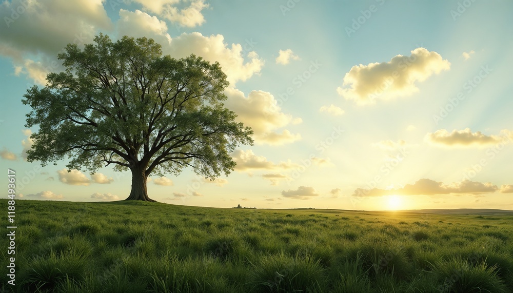 Majestic oak tree on lush green field at sunrise with dramatic clouds for nature appreciation and tranquility Majestic oak tree on lush green field at sunrise with dramatic clouds for nature appreciation and tranquility