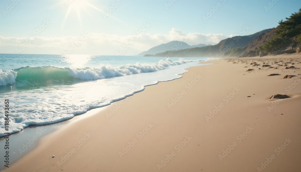 Serene beach scene with gentle waves and golden sunlight for relaxation and coastal beauty Serene beach scene with gentle waves and golden sunlight for relaxation and coastal beauty