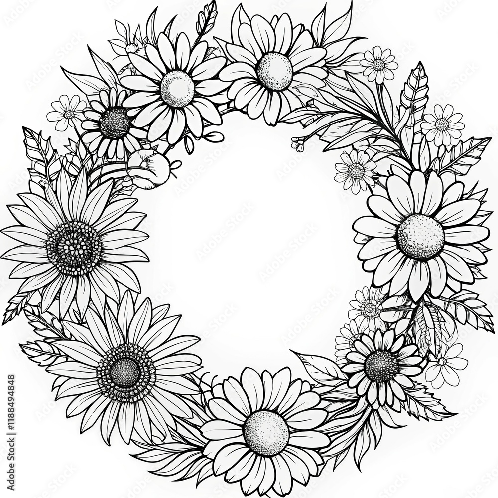Fototapeta premium Floral Wreath Coloring Page - Daisies and Sunflowers Printable Design