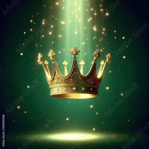 Emerald green background with a golden crown suspended mid-air in the center, shining under a soft spotlight
