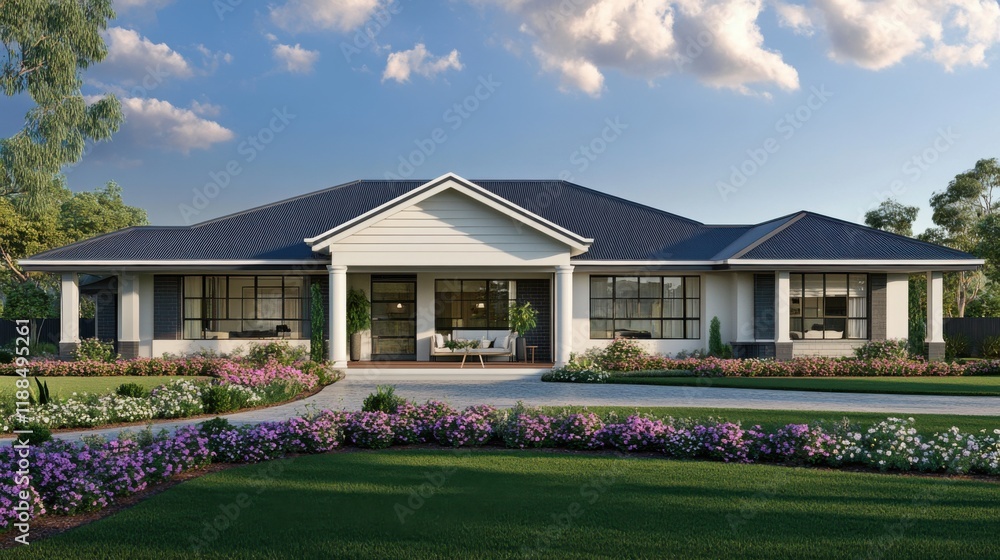 Modern suburban dwelling featuring extensive landscaping and lush garden, showcasing a beautiful home with a welcoming porch under a clear blue sky Modern suburban dwelling featuring extensive landscaping and lush garden, showcasing a beautiful home with a welcoming porch under a clear blue sky