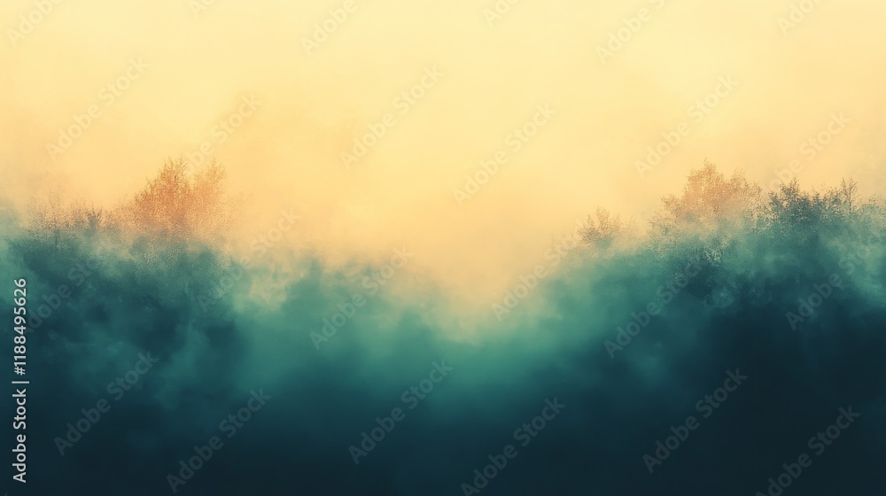 Fototapeta premium Abstract Misty Forest Landscape with Golden Sky and Teal Fog creating a serene and dreamy atmosphere