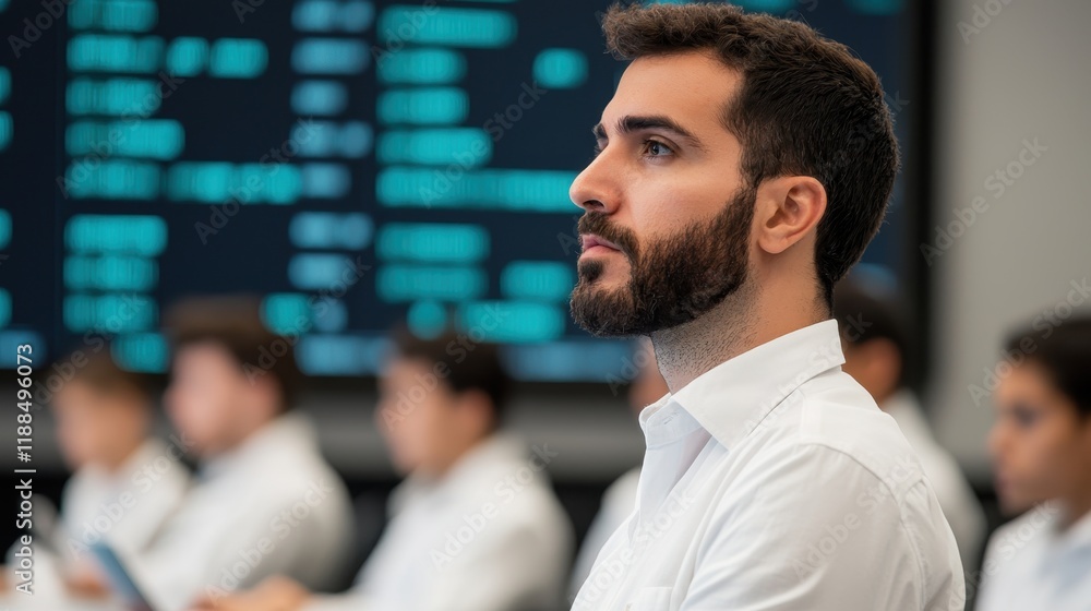 Fototapeta premium A focused individual observes a digital display in a professional environment, surrounded by others engaged in similar activities.