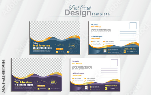 Modern and elegant travel post card design template with vector standard size multiple color, vacation design flyer template for holiday . Travel Agency Postcard Layout with mockup