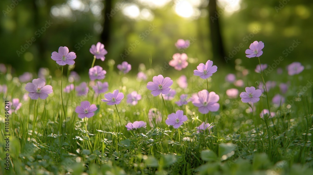 Purple wildflowers blooming in sunny forest meadow. Purple wildflowers blooming in sunny forest meadow.