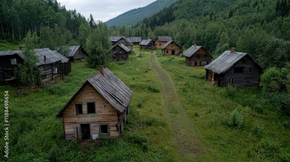 Aerial view of an abandoned village surrounded by lush greenery and mountains, featuring old wooden houses and a winding path. Aerial view of an abandoned village surrounded by lush greenery and mountains, featuring old wooden houses and a winding path.