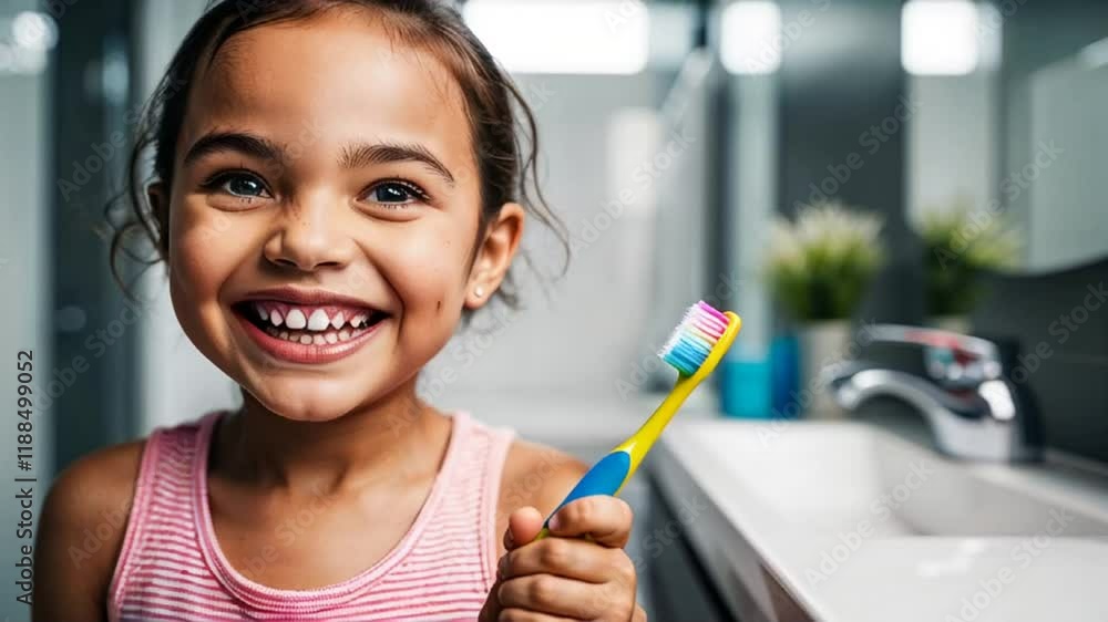 Portrait of happy little girl with toothbrush in bathroom Portrait of happy little girl with toothbrush in bathroom