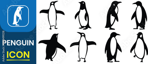  Penguin silhouette vector icon. Different pose walking and skating, logistic, logo industry, flat, style. Simple icons vector illustration.