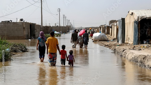 A group of people wades through floodwaters, navigating a flooded area with makeshift shelters in the background, highlighting the impact of natural disasters.