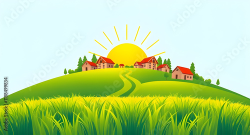 landscape with green field and sky ,''nature landscape'' , ''nature'' , ''grass field'' , ''village'' , ''village home'' , natural background illustration