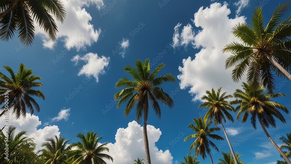 Obraz premium Green palm trees against blue sky and white clouds. Tropical jungle forest with bright blue sky, panoramic nature banner. Idyllic natural landscape, looking up, low point of view. Summer traveling