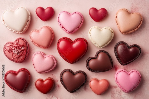 A flat lay of heart-shaped macarons in various shadeson red and pink tones