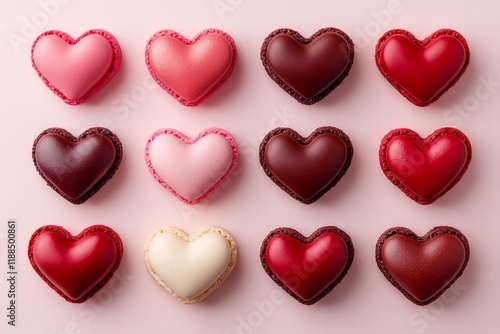  A flat lay of heart-shaped macarons in various shadeson red and pink tones 