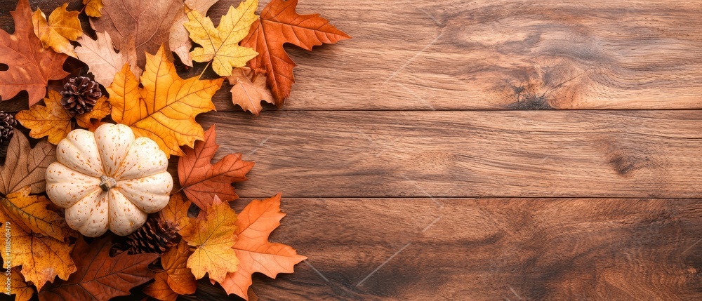 Obraz premium Autumn Harvest White Pumpkin Fall Leaves Pinecones on Rustic Wood Background