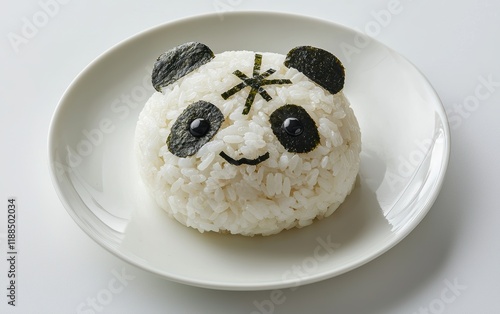 A plate of rice shaped like a panda with nori sheets for details on a clean white backdrop photo