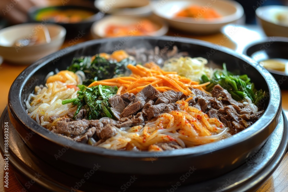 Japchae is a Korean dish made of vermicelli vegetables and beef Japchae is a Korean dish made of vermicelli vegetables and beef