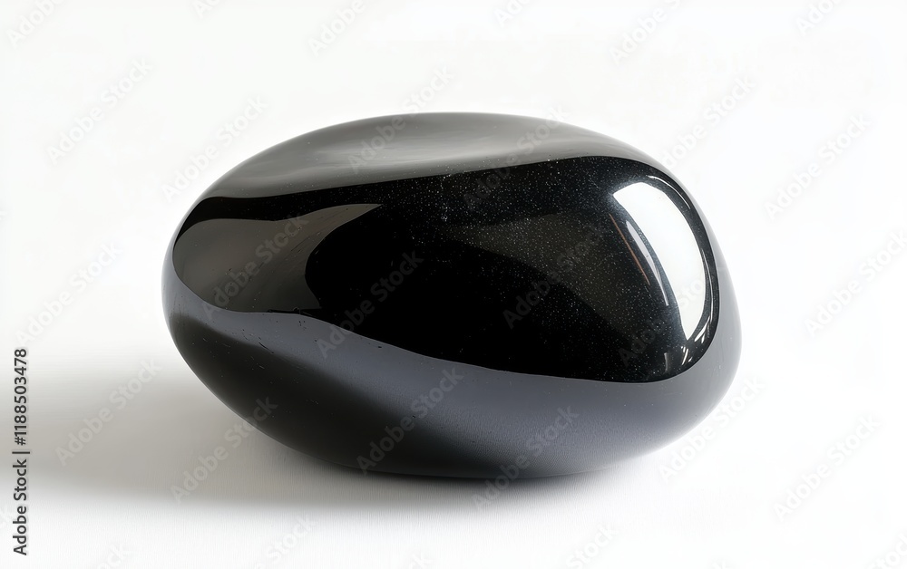 A polished black obsidian stone reflecting light against a clean white backdrop A polished black obsidian stone reflecting light against a clean white backdrop