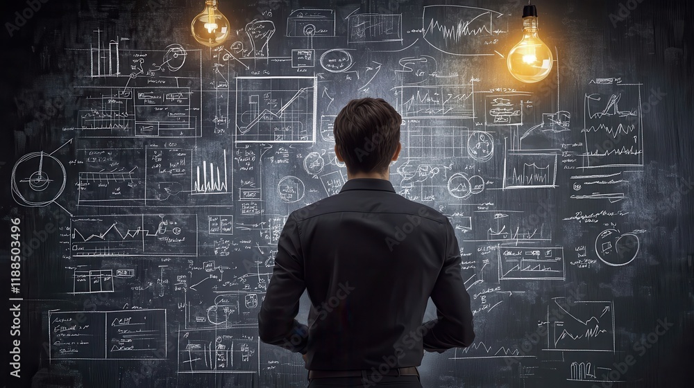 A young entrepreneur developing a business plan with flowcharts and digital mockups A young entrepreneur developing a business plan with flowcharts and digital mockups