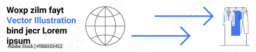 Globe icon with two blue arrows pointing towards a stack of documents. Black and blue text beside. Ideal for tech, connectivity, network, communication, digital transformation, data exchange