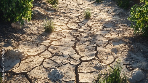 A parched landscape with cracked earth and resilient greenery, illustrating the impact of drought. photo