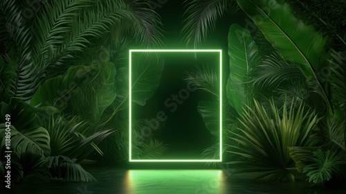 Colorful nature concept background, Neon colorful of tropical leaves with green neon frame, with copy space.