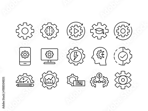 Set of gear settings control panel  line icons.  configurations, adjustments, statistical data, installations, strategy knowledge, energy, processes and more. Isolated white background.