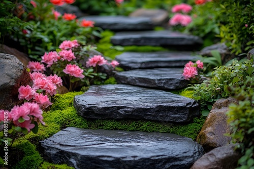 Stone stepping path in a lush garden illuminated by warm sunset light photo