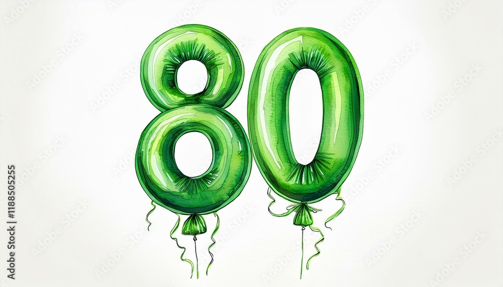 Green birthday / anniversary party balloon, number 80, watercolor painting with white background Green birthday / anniversary party balloon, number 80, watercolor painting with white background