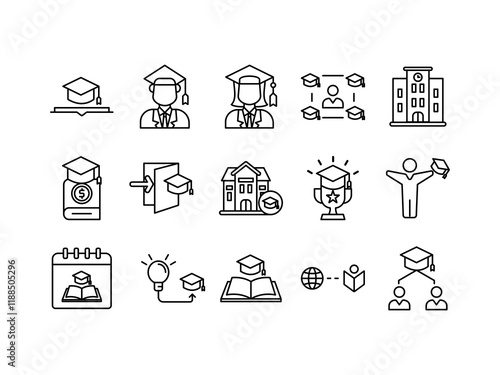 University icon collection set. Containing higher education, learning environment, research institution, student community, student dormitory, college catalog.isolated white background,Editable line 