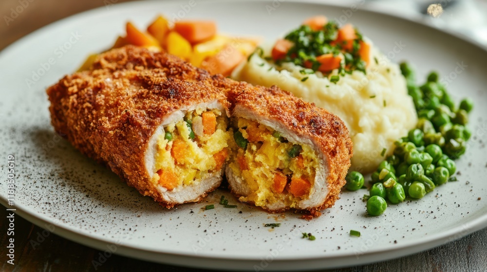 Crispy Rolled Chicken with Vegetables and Mashed Potatoes Delight Crispy Rolled Chicken with Vegetables and Mashed Potatoes Delight