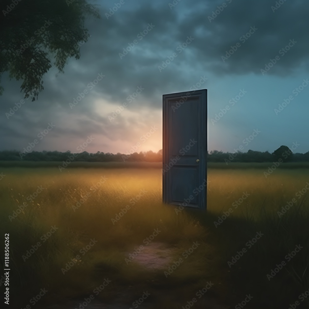 A solitary door stands in a field at sunset A solitary door stands in a field at sunset
